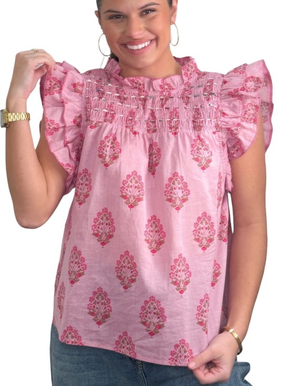 THML Hazy Dawn Ruffle Sleeve Smocked Floral Blouse, Size Small.